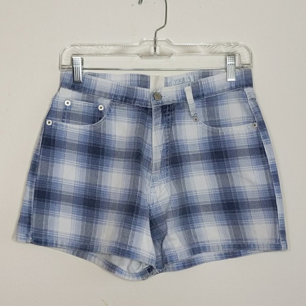 Vintage 90s Moda International Blue Plaid Check Jean Denim Shorts
